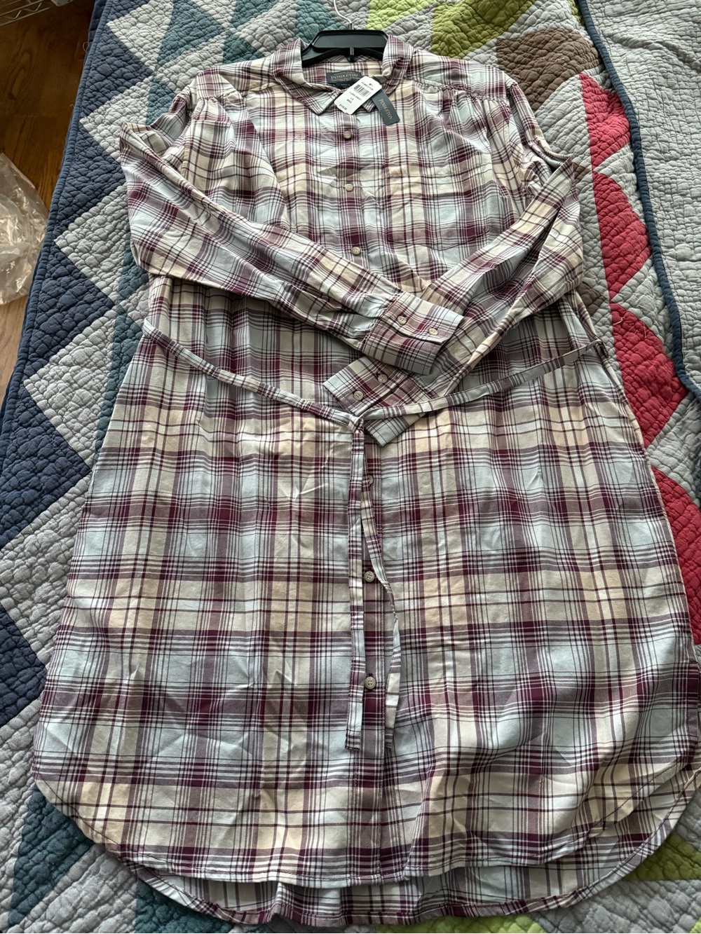 Pendleton Cream and Burgundy Plaid Button-Up Shirt Dress